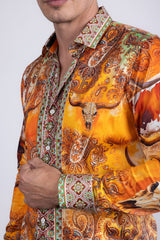 Barabas Wholesale Men's Rhinestones Animal Paisley Long Sleeve Shirts 5SPR12 Yellow