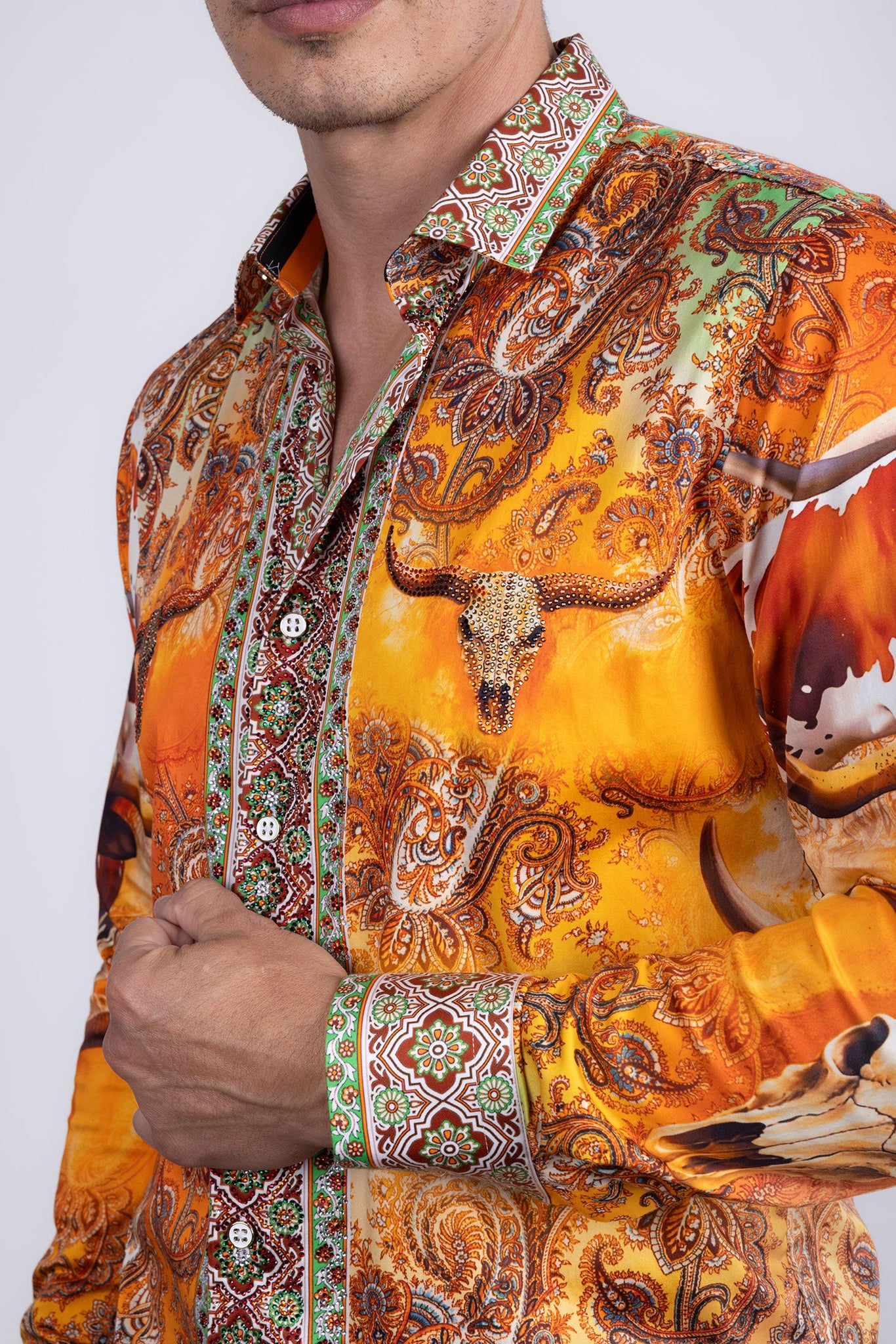 Barabas Wholesale Men's Rhinestones Animal Paisley Long Sleeve Shirts 5SPR12 Yellow