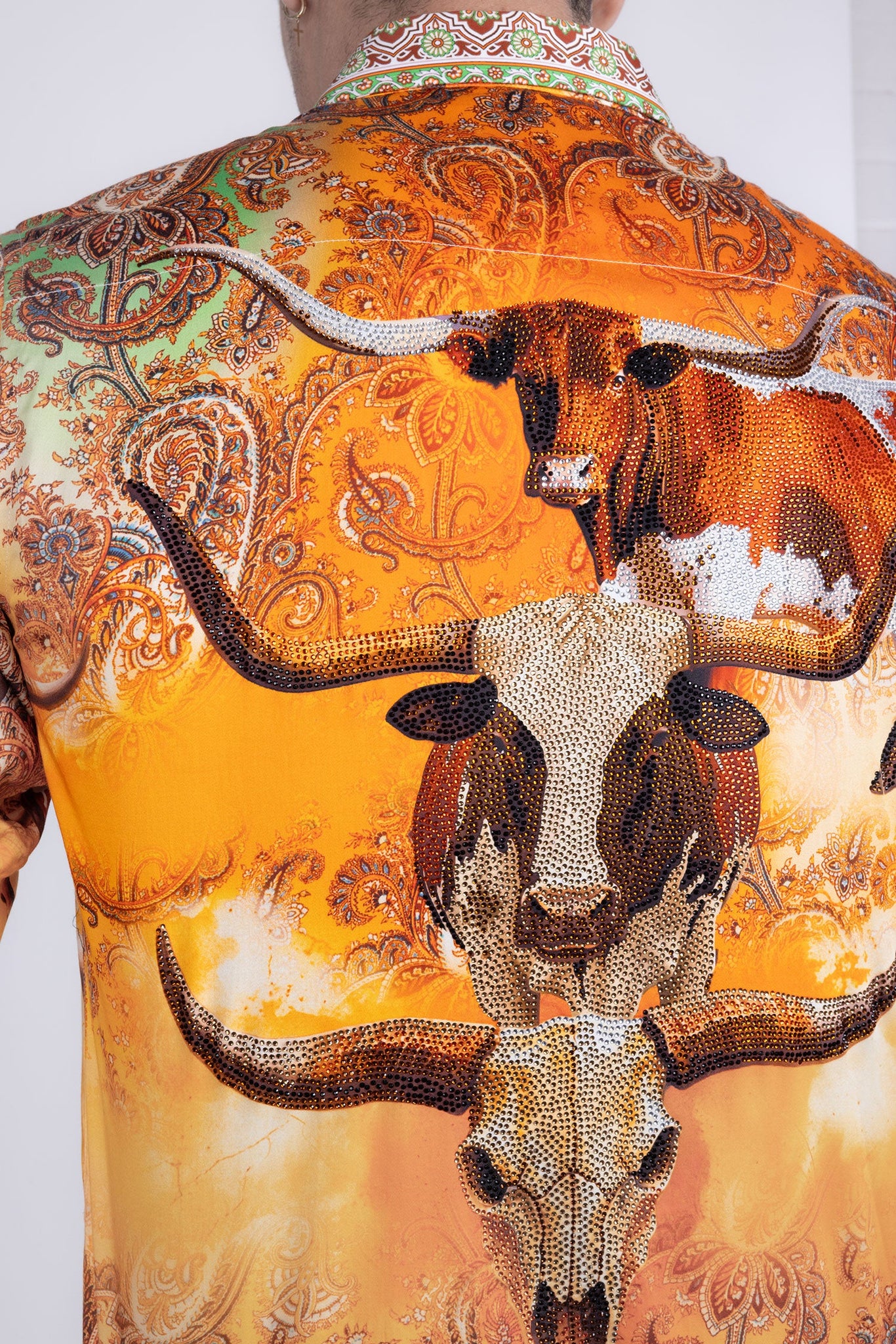 Barabas Wholesale Men's Rhinestones Animal Paisley Long Sleeve Shirts 5SPR12 Yellow