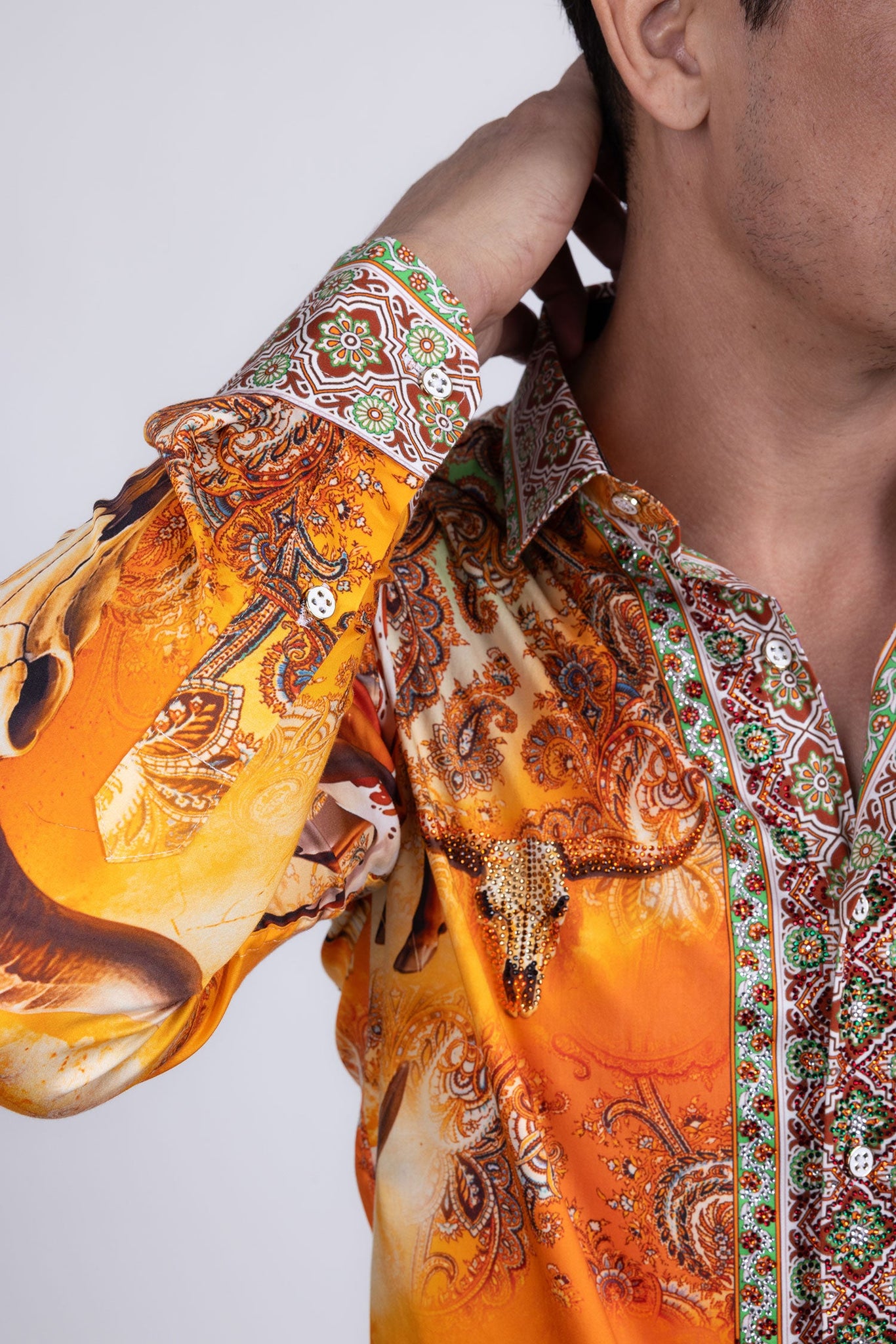 Barabas Wholesale Men's Rhinestones Animal Paisley Long Sleeve Shirts 5SPR12 Yellow