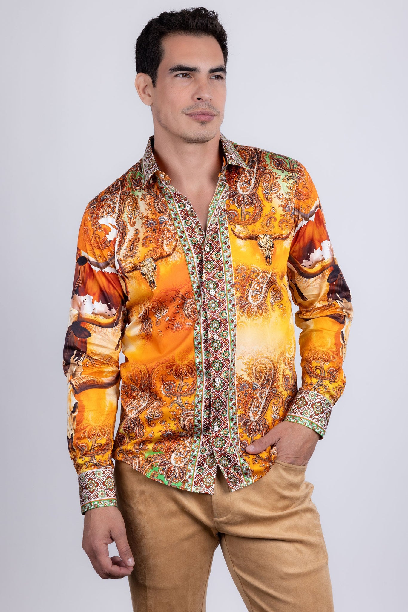 Barabas Wholesale Men's Rhinestones Animal Paisley Long Sleeve Shirts 5SPR12 Multicolored