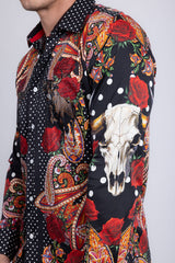 Barabas Wholesale Men's Rhinestones Floral Bull Skull Long Sleeve Shirts 5SPR13 Black