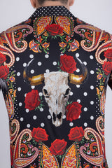 Barabas Wholesale Men's Rhinestones Floral Bull Skull Long Sleeve Shirts 5SPR13 Black