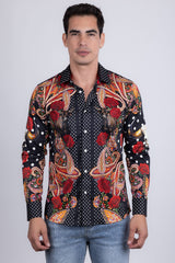 Barabas Wholesale Men's Rhinestones Floral Bull Skull Long Sleeve Shirts 5SPR13 Black