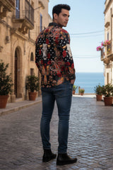 Barabas Wholesale Men's Rhinestones Floral Bull Skull Long Sleeve Shirts 5SPR13 Black