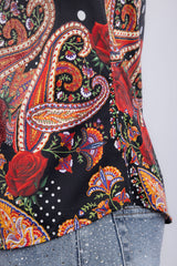 Barabas Wholesale Men's Rhinestones Floral Bull Skull Long Sleeve Shirts 5SPR13 Red