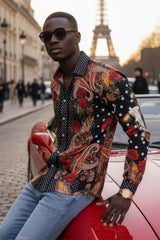 Barabas Wholesale Men's Rhinestones Floral Bull Skull Long Sleeve Shirts 5SPR13 Black
