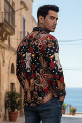 Barabas Wholesale Men's Rhinestones Floral Bull Skull Long Sleeve Shirts 5SPR13 Black