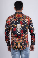 Barabas Wholesale Men's Rhinestones Floral Bull Skull Long Sleeve Shirts 5SPR13 Black