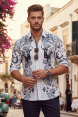 Barabas Wholesale Men's Rhinestones Floral Bull Skull Long Sleeve Shirts 5SPR13 White