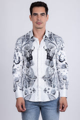 Barabas Wholesale Men's Rhinestones Floral Bull Skull Long Sleeve Shirts 5SPR13 White