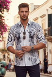 Barabas Wholesale Men's Rhinestones Floral Bull Skull Long Sleeve Shirts 5SPR13 White