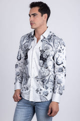 Barabas Wholesale Men's Rhinestones Floral Bull Skull Long Sleeve Shirts 5SPR13 White