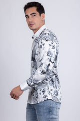 Barabas Wholesale Men's Rhinestones Floral Bull Skull Long Sleeve Shirts 5SPR13 White