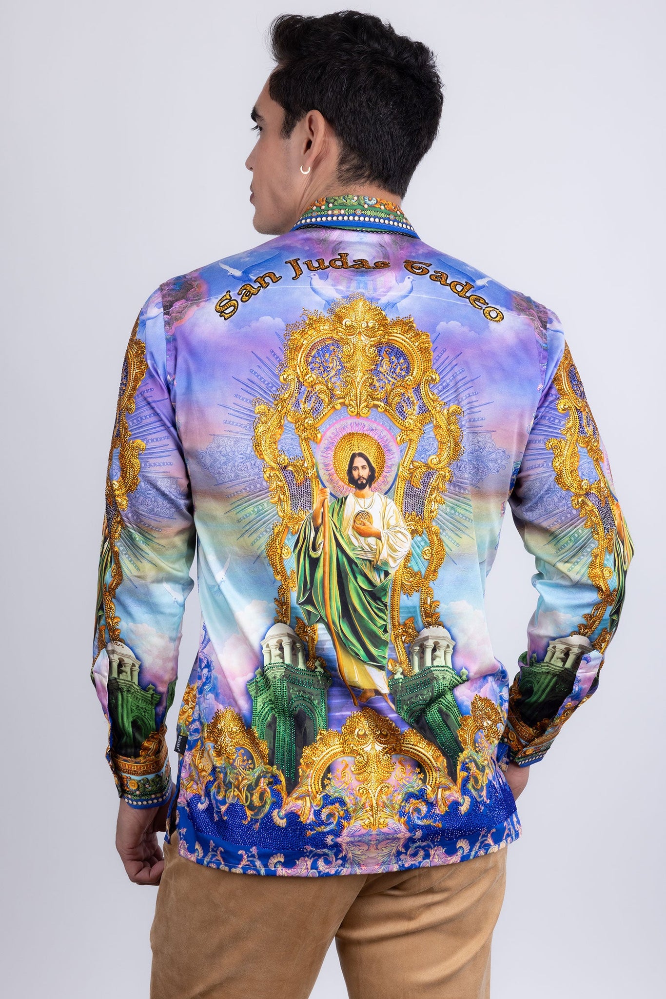 Barabas Wholesale Men's Rhinestones Floral  Judas Tadeo Long Sleeve Shirt 5SPR14 Navy