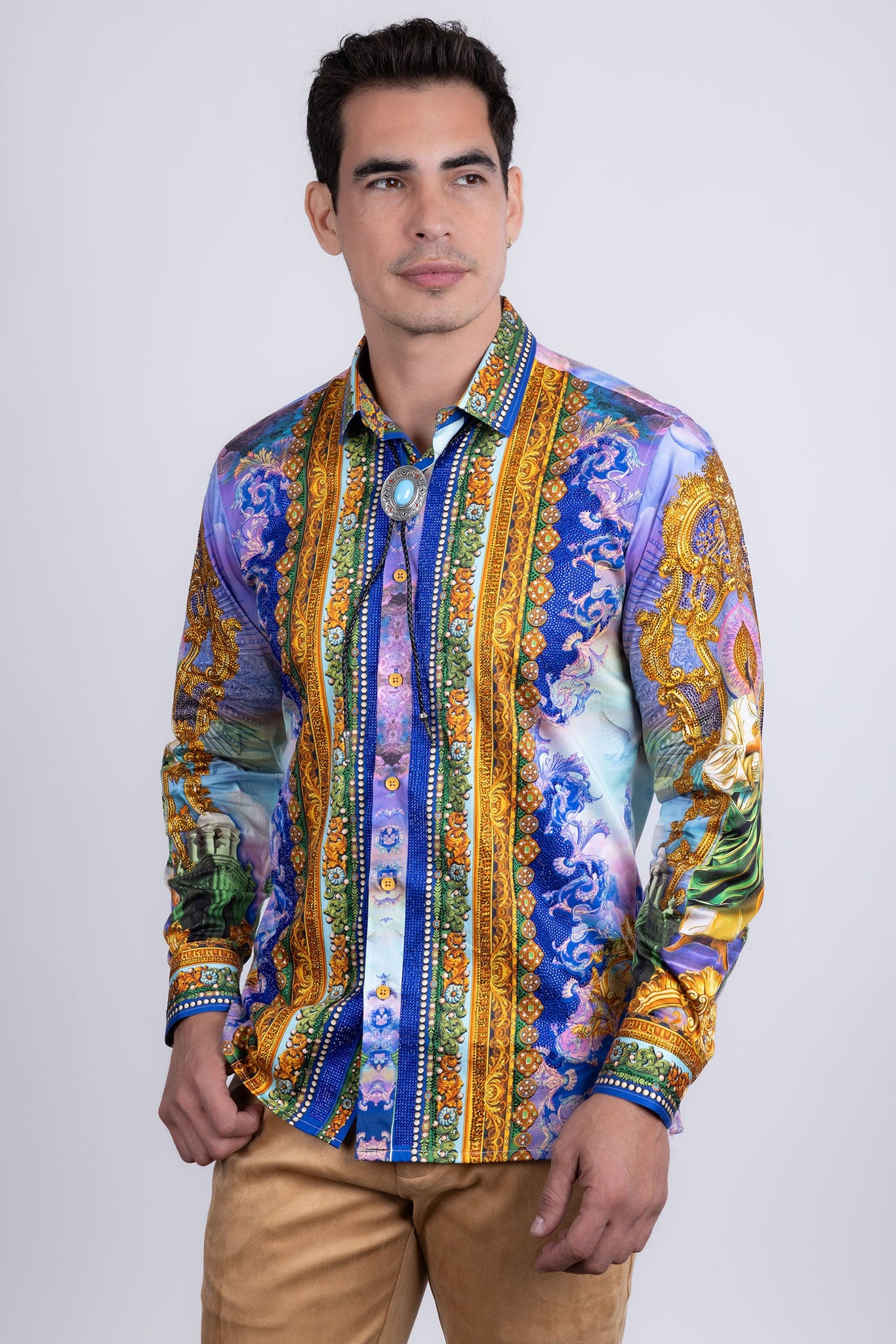 Barabas Wholesale Men's Rhinestones Floral  Judas Tadeo Long Sleeve Shirt 5SPR14 Blue