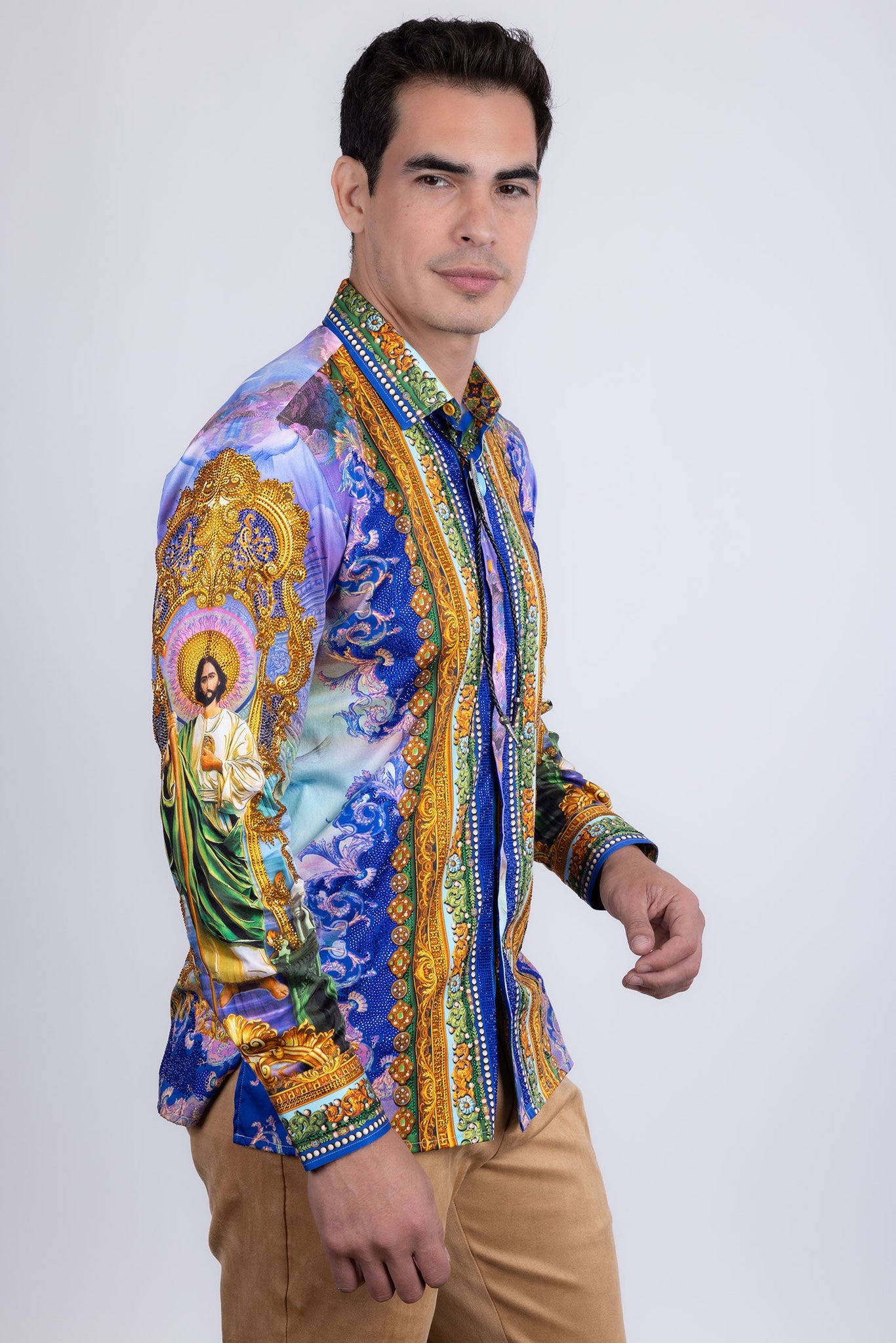 Barabas Wholesale Men's Rhinestones Floral  Judas Tadeo Long Sleeve Shirt 5SPR14 Multi