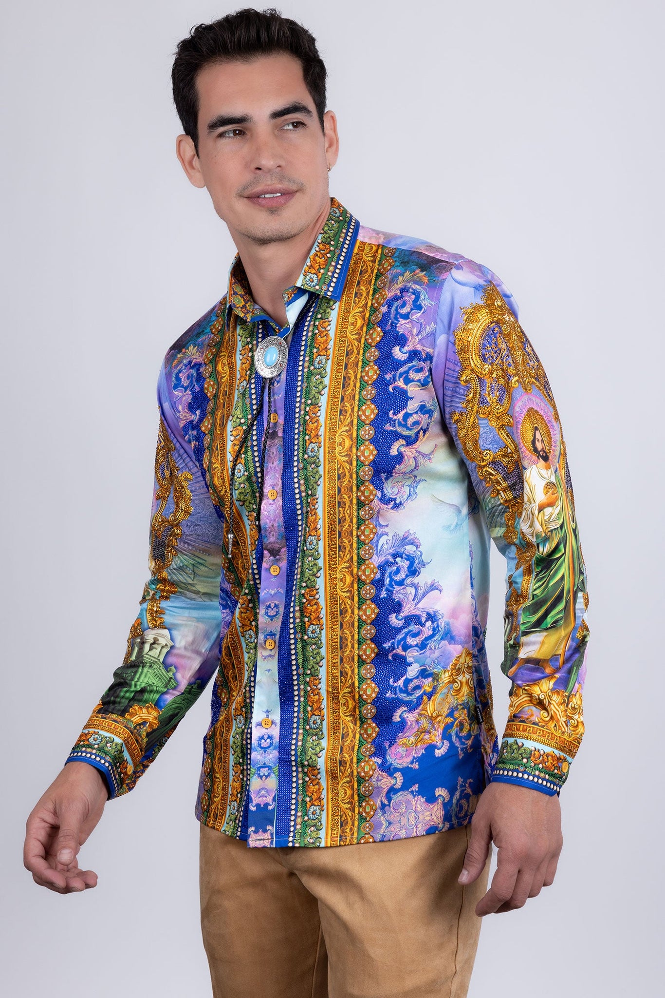 Barabas Wholesale Men's Rhinestones Floral  Judas Tadeo Long Sleeve Shirt 5SPR14 Multi