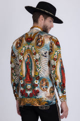 Barabas Men's Lady of Guadalupe Rhinestones Long Sleeve Shirts 5SPR15 Red