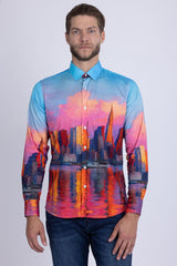 Barabas Wholesale Men's New York Rhinestones Baroque Shirt 5SPR16 Blue