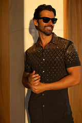 Barabas Wholesale Men's Rhinestone Geometric Stretch Short Sleeve Shirt 5SST20 Black Gold