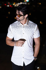 Barabas Wholesale Men's Rhinestone Geometric Stretch Short Sleeve Shirt 5SST20 White Gold
