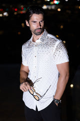 Barabas Wholesale Men's Rhinestone Geometric Stretch Short Sleeve Shirt 5SST20 White Gold