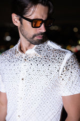 Barabas Wholesale Men's Rhinestone Geometric Stretch Short Sleeve Shirt 5SST20 White Gold