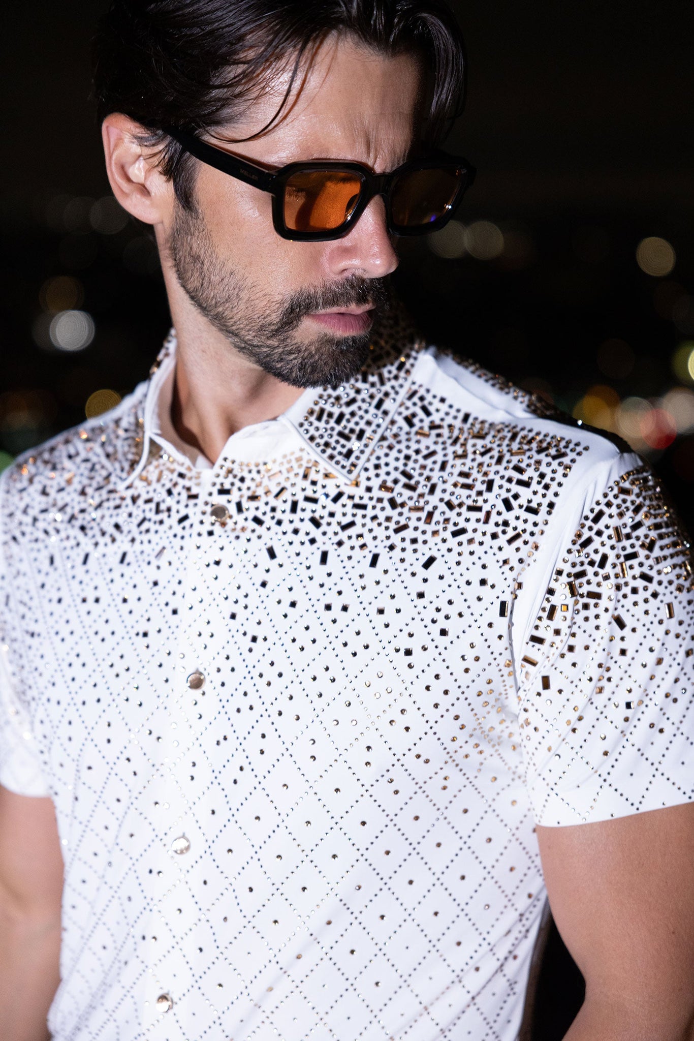 Barabas Wholesale Men's Rhinestone Geometric Stretch Short Sleeve Shirt 5SST20 White Gold