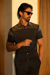Barabas Wholesale Men's Rhinestone Geometric Stretch Short Sleeve Shirt 5SST20 Black Gold
