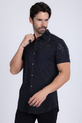 Barabas Wholesale Men's Rhinestone Geometric Stretch Short Sleeve Shirt 5SST20 Black