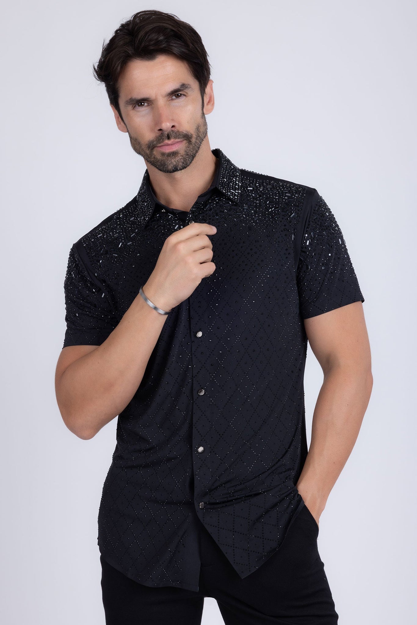 Barabas Wholesale Men's Rhinestone Geometric Stretch Short Sleeve Shirt 5SST20 Black