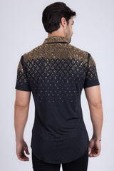 Barabas Wholesale Men's Rhinestone Geometric Stretch Short Sleeve Shirt 5SST20 Black Gold