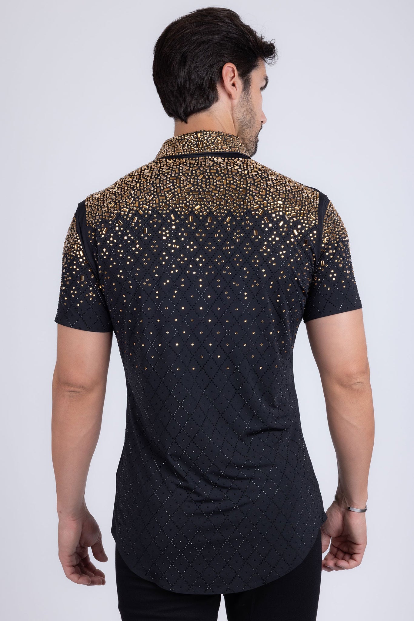 Barabas Wholesale Men's Rhinestone Geometric Stretch Short Sleeve Shirt 5SST20 Black Gold