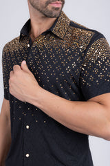 Barabas Wholesale Men's Rhinestone Geometric Stretch Short Sleeve Shirt 5SST20 Black Gold