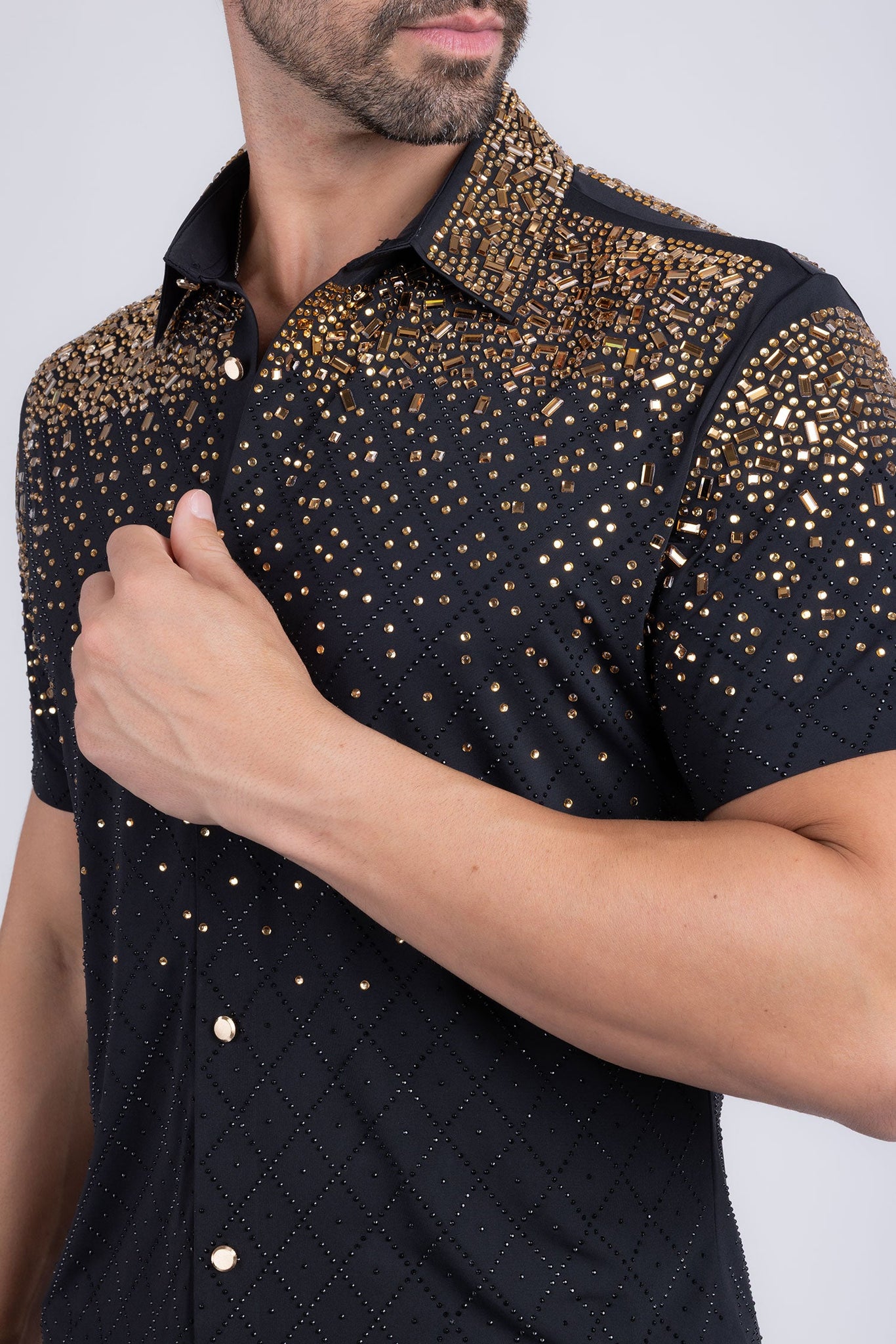 Barabas Wholesale Men's Rhinestone Geometric Stretch Short Sleeve Shirt 5SST20 Black Gold