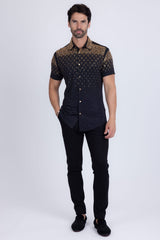 Barabas Wholesale Men's Rhinestone Geometric Stretch Short Sleeve Shirt 5SST20 Black Gold