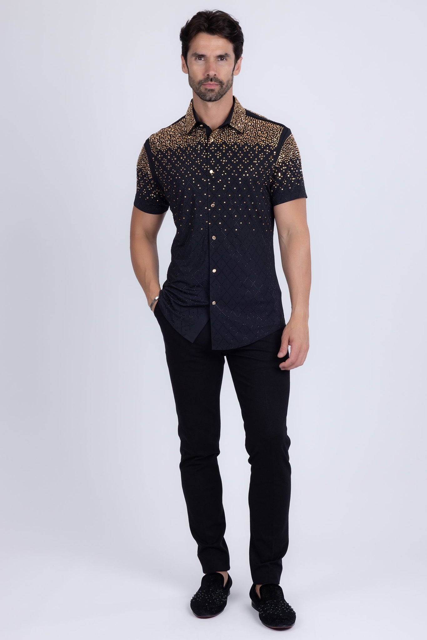 Barabas Wholesale Men's Rhinestone Geometric Stretch Short Sleeve Shirt 5SST20 Black Gold