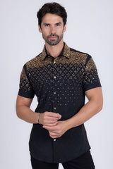 Barabas Wholesale Men's Rhinestone Geometric Stretch Short Sleeve Shirt 5SST20 Black Gold