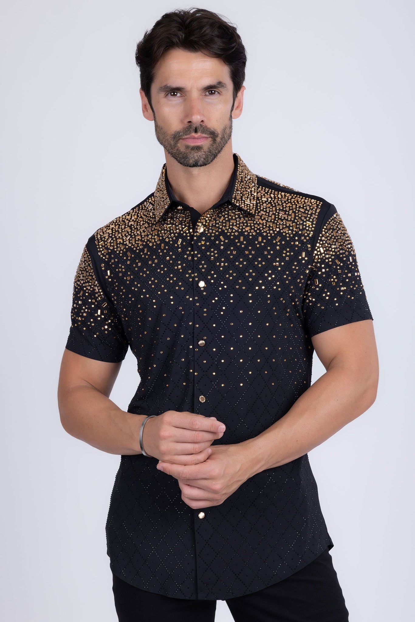 Barabas Wholesale Men's Rhinestone Geometric Stretch Short Sleeve Shirt 5SST20 Black Gold