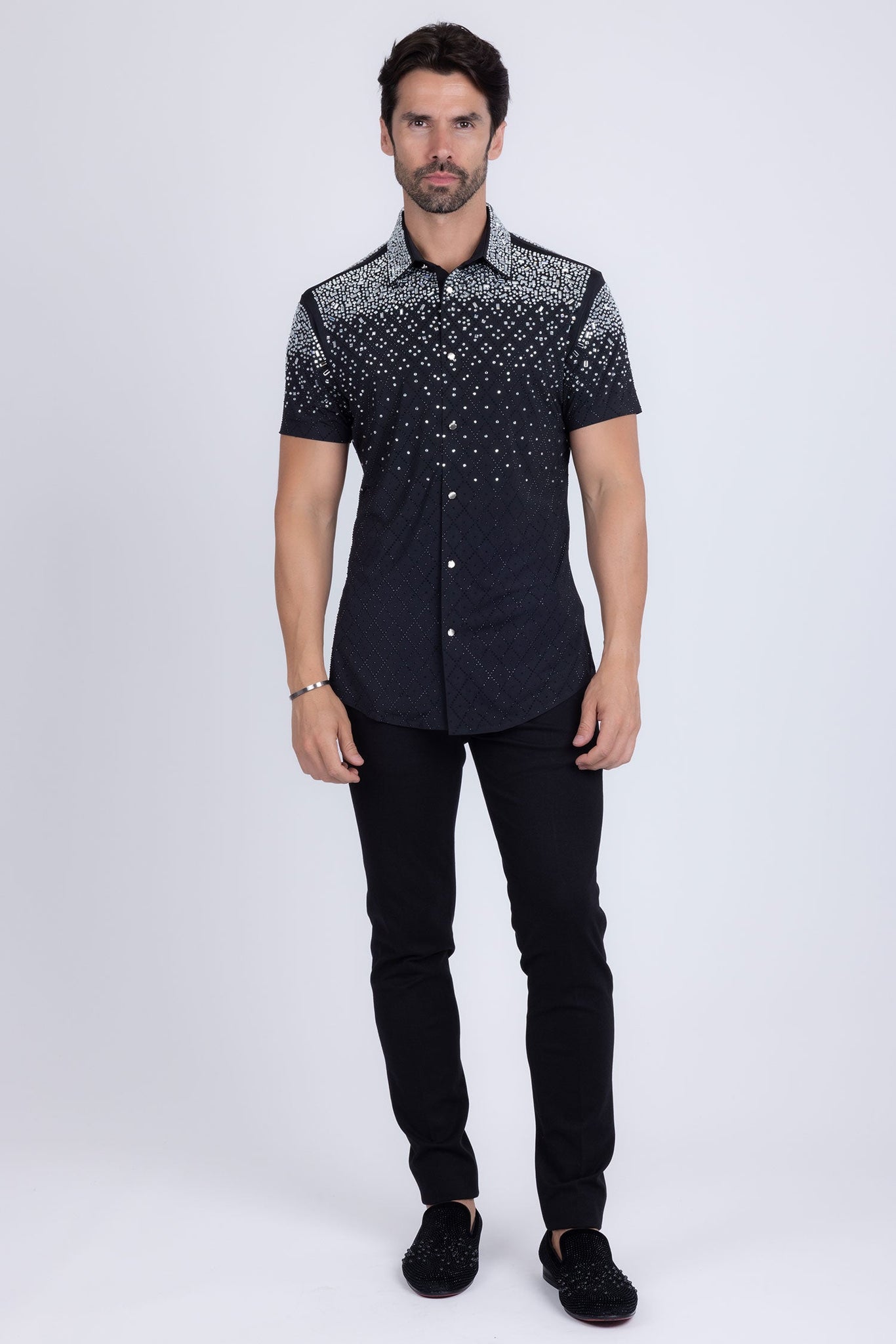 Barabas Wholesale Men's Rhinestone Geometric Stretch Short Sleeve Shirt 5SST20 Black