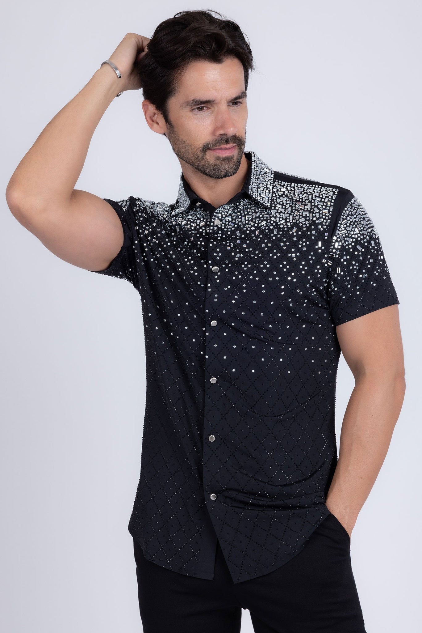 Barabas Wholesale Men's Rhinestone Geometric Stretch Short Sleeve Shirt 5SST20 Black Silver