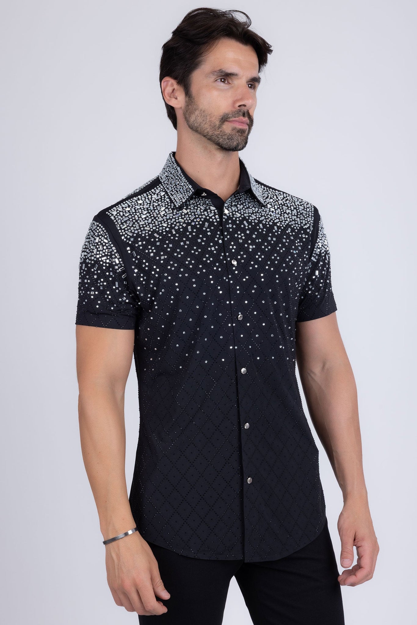 Barabas Wholesale Men's Rhinestone Geometric Stretch Short Sleeve Shirt 5SST20 Black Silver