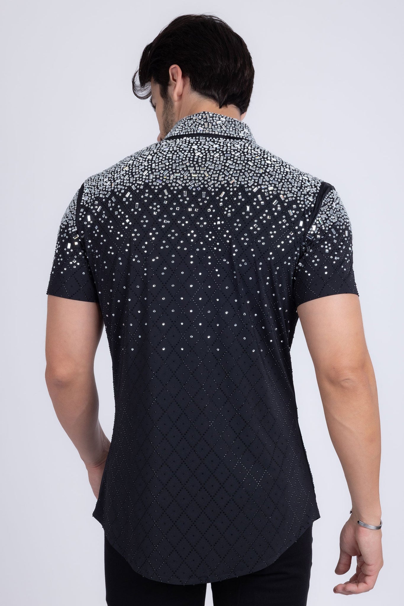 Barabas Wholesale Men's Rhinestone Geometric Stretch Short Sleeve Shirt 5SST20 Black