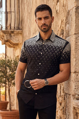 Barabas Wholesale Men's Rhinestone Geometric Stretch Short Sleeve Shirt 5SST20 Black Silver