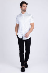 Barabas Wholesale Men's Rhinestone Geometric Stretch Short Sleeve Shirt 5SST20 White Silver