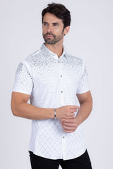 Barabas Wholesale Men's Rhinestone Geometric Stretch Short Sleeve Shirt 5SST20 White Silver