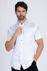 Barabas Wholesale Men's Rhinestone Geometric Stretch Short Sleeve Shirt 5SST20 White Silver