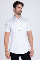 Barabas Wholesale Men's Rhinestone Geometric Stretch Short Sleeve Shirt 5SST20 White Silver