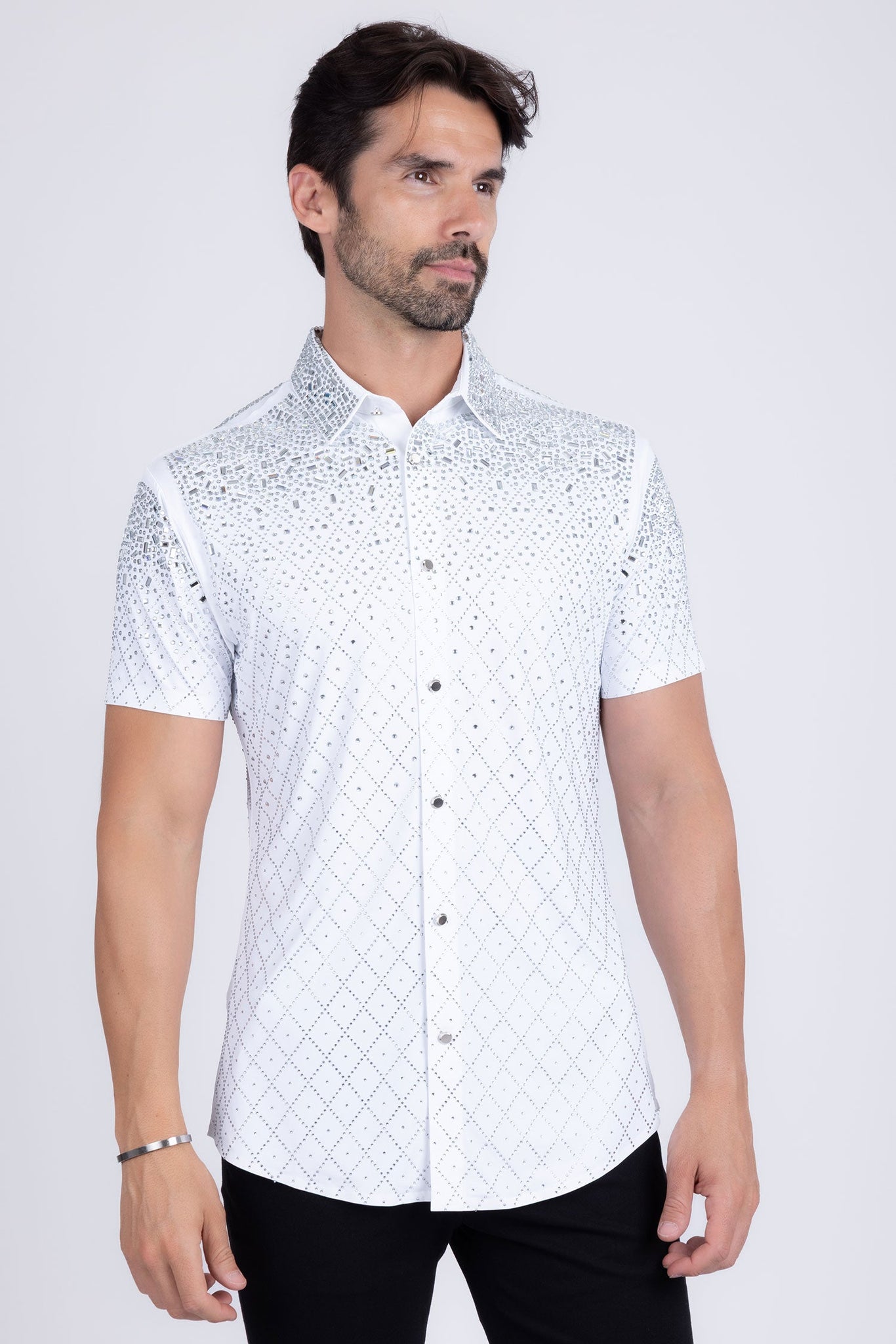 Barabas Wholesale Men's Rhinestone Geometric Stretch Short Sleeve Shirt 5SST20 White Silver